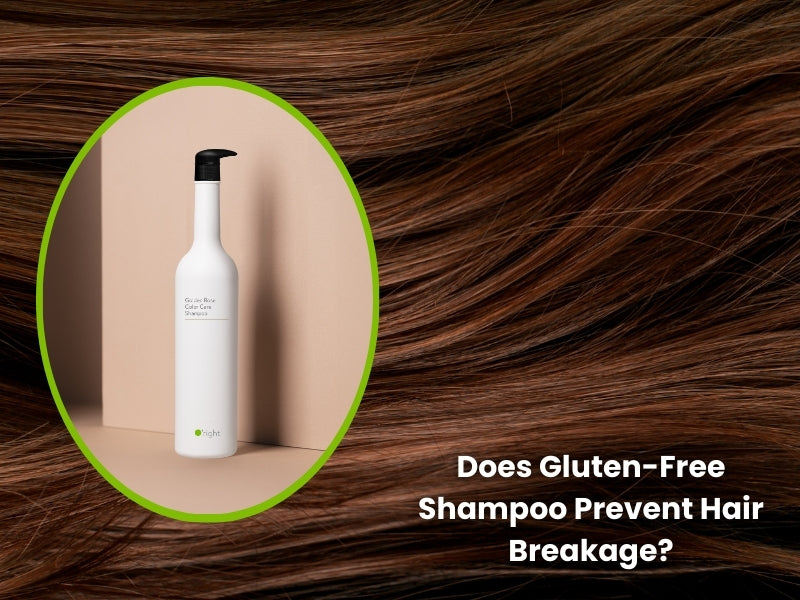 Gluten-free shampoo bottle on brown hair background, questioning if it helps prevent hair breakage for stronger, healthier strands.